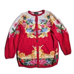 Vtg 1980s Cullinane Red Ivory Floral Chunky Knit Button Up Crew Cardigan Sz L